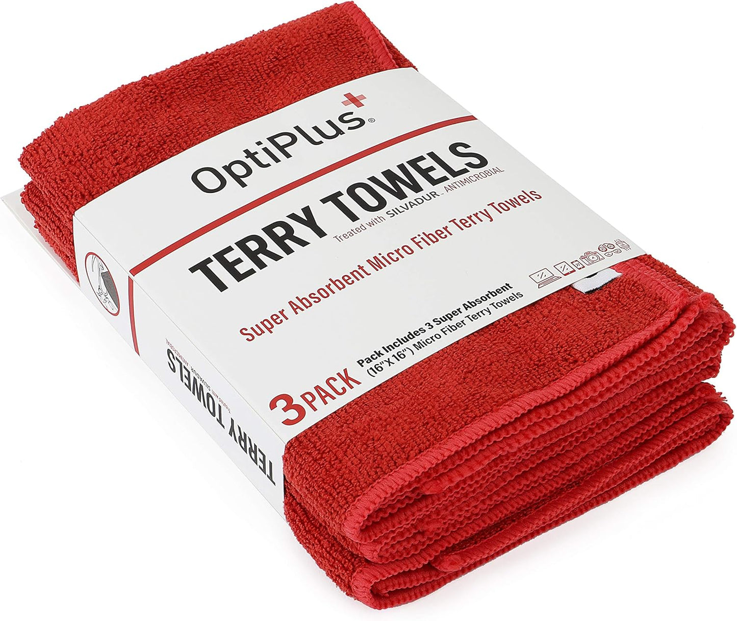 OptiPlus 16" x 16" Microfiber Terry Towels Treated with Silvadur 930 Antimicrobial - Red