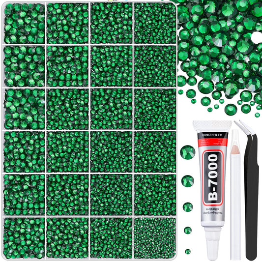 30000Pcs Emerald Green Rhinestones for Bedazzling with B7000 Jewelry Glue, Bedazzler Kit Flatback Gems, Resin Rhinestones for Crafting Crafts Clothing Shoes Fabric Nail Art Assorted Size 2/3/4/5/6mm