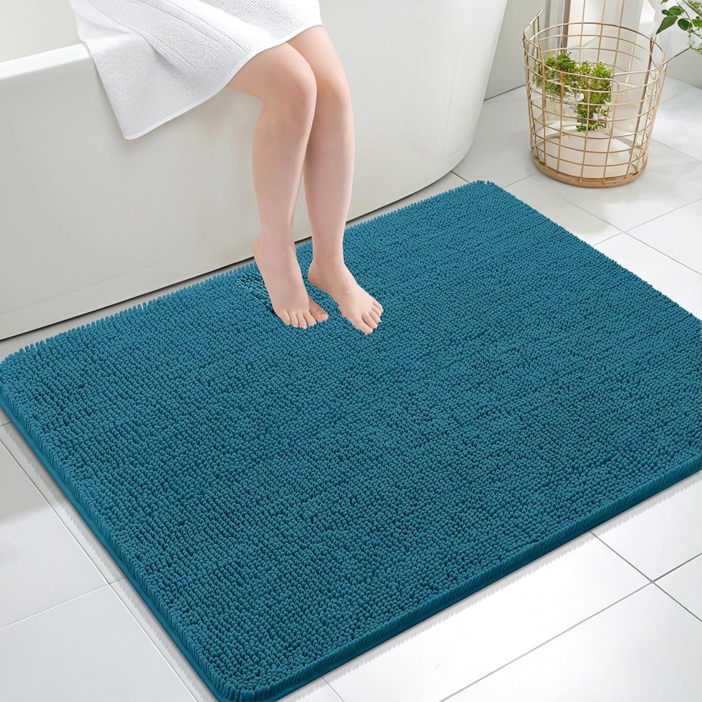 OLANLY Bathroom Rugs 40x32, Extra Soft Absorbent Chenille Bath Rugs, Rubber Backing Quick Dry, Machine Washable Bath Mats for Bathroom Floor, Tub and Shower, Home Decor Accessories, Peacock Blue