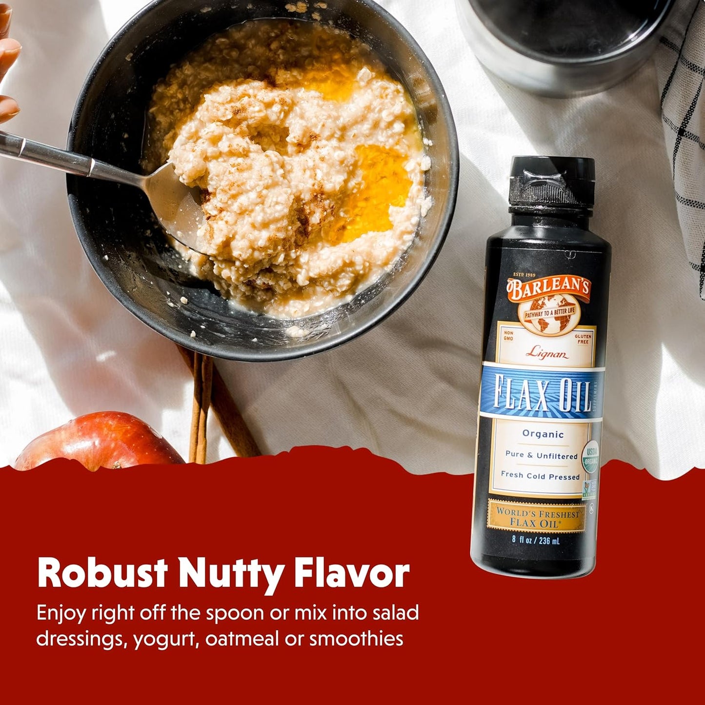 Barlean's Organic Lignan Flaxseed Oil Liquid Supplement from Cold Pressed Flax Seeds, 7,230 mg ALA Omega-3 Fatty Acids for Skin and Hair Care, Vegan & Gluten Free, 8 oz