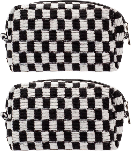 PAZIMIIK Checkered Makeup Bag for Purse Portable Zipper Make Up Pouch Small Cosmetic Case for Travel Accessories (2PCS Black)