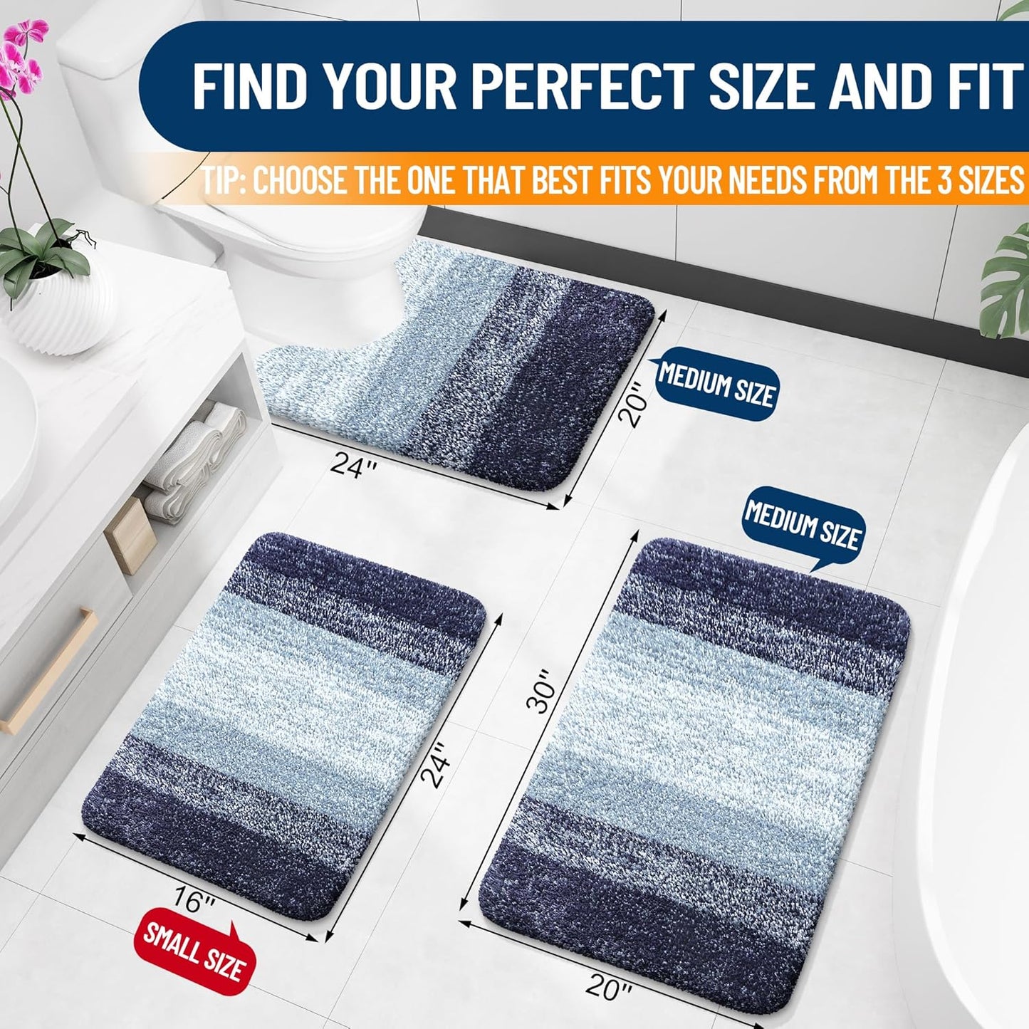 OLANLY Bathroom Rugs Mat 24x16, Extra Soft Absorbent Microfiber Bath Rugs, Rubber Backing, Quick Dry, Machine Washable Bath Mats for Bathroom Floor, Tub and Shower, Home Decor Accessories, Airy Blue