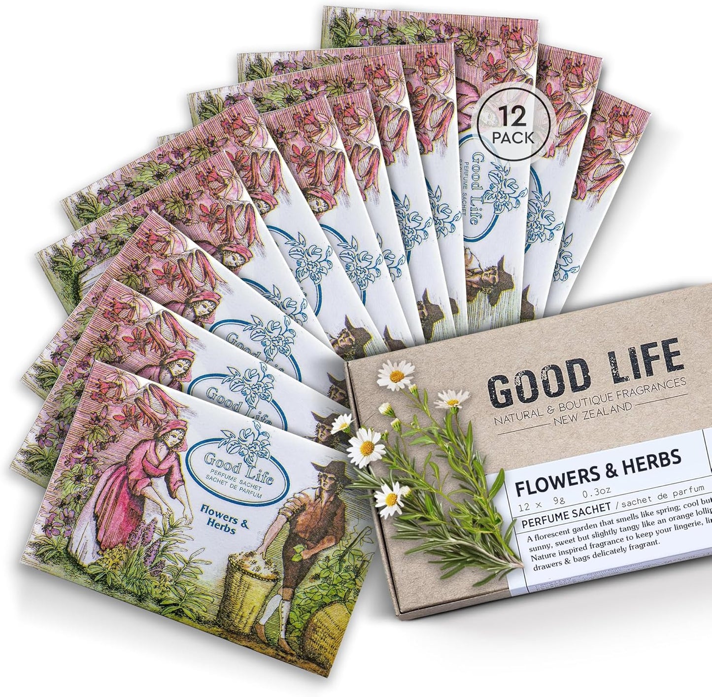 Good Life Flowers & Herbs Scented Sachets | Designed in New Zealand | 12 Sachets