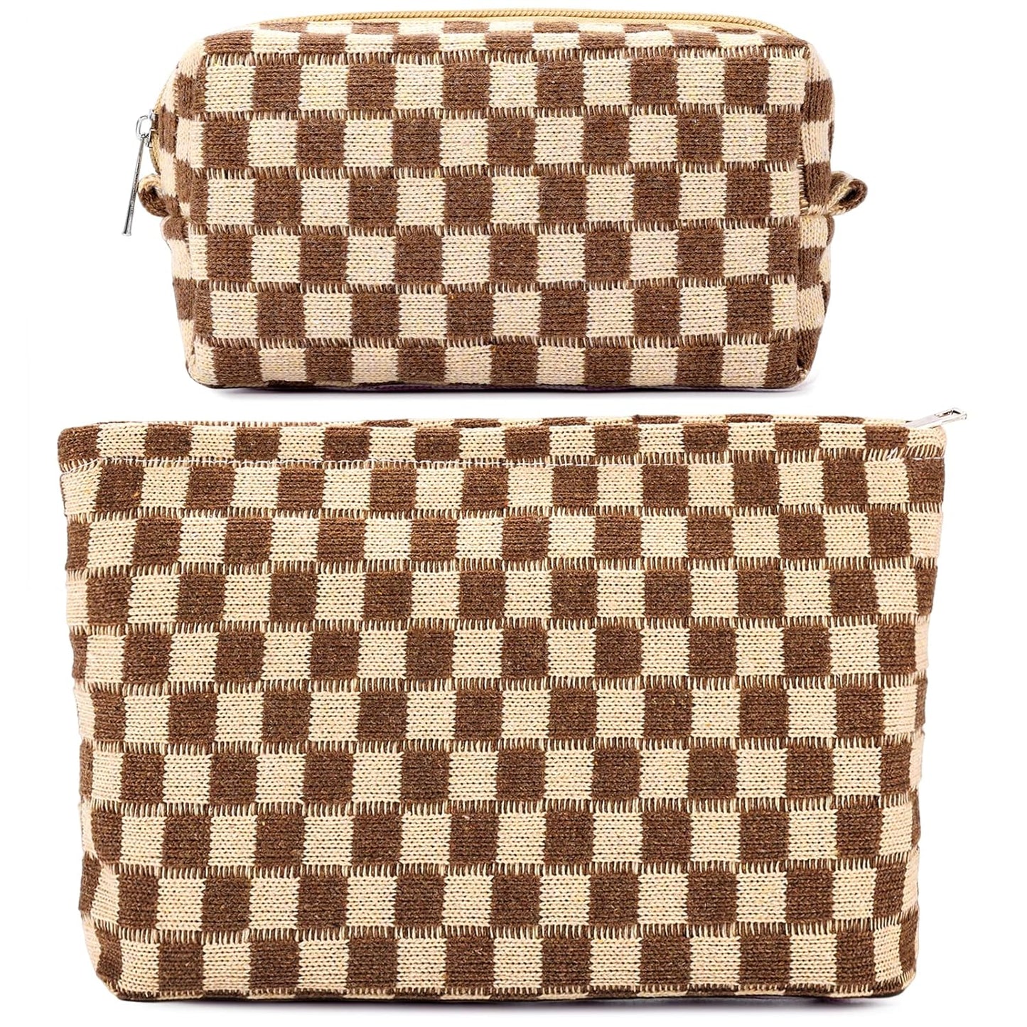 ZLFSRQ 2Pcs Checkered Makeup Bag for Women Large Small Checkered Cosmetic Bag Set Aesthetic Preppy Pencil Case Cute Pencil Pouch Brown Makeup Pouch for Purse Travel Toiletry Bags Zipper Skincare Bags