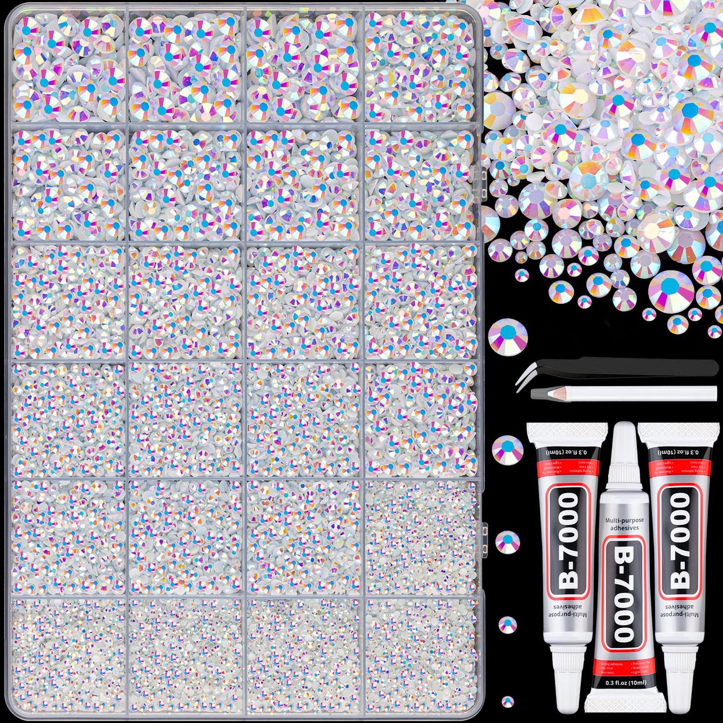 25000Pcs Resin Jelly Rhinestones with Tweezers for Crafting, White AB Flatback Gems, Bedazzling Crystal with 3Pcs 10ml B7000 Jewelry Glue for DIY Crafts Clothing Tumblers Shoes Fabric Nail Art