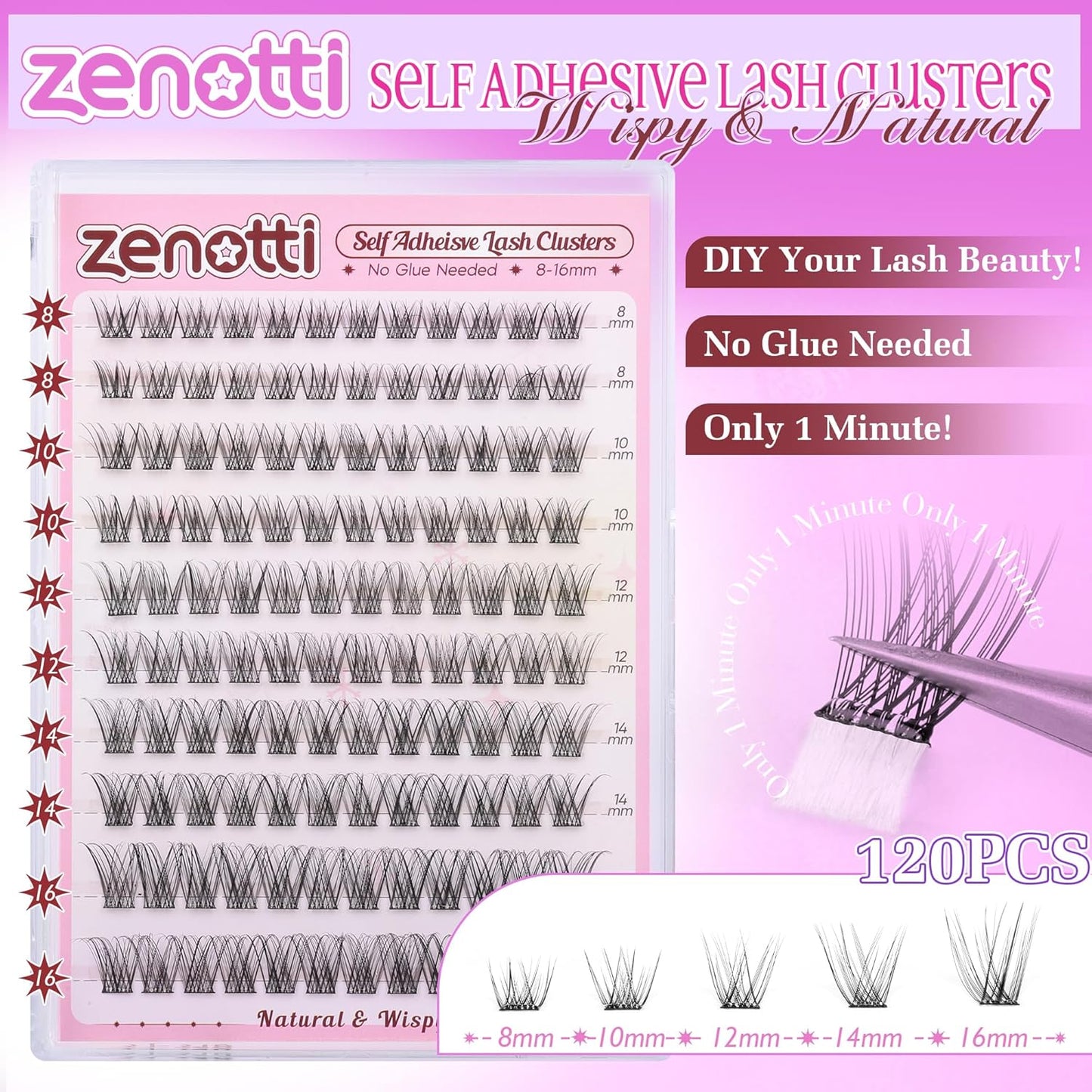 Self Adhesive Lash Clusters Natural No Glue Eyelashes Clusters Wispy Cluster Eyelash Extensions Pre Glued Lash Extensions 120pcs Press on Individual Lashes 8mm-16mm by zenotti