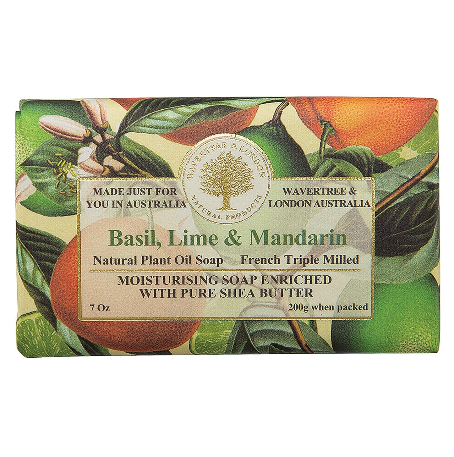 Wavertree & London Basil Lime & Mandarin Scented Natural Soap Bar, 7oz Moisturizing French Triple Milled Soap Bar for Women & Men