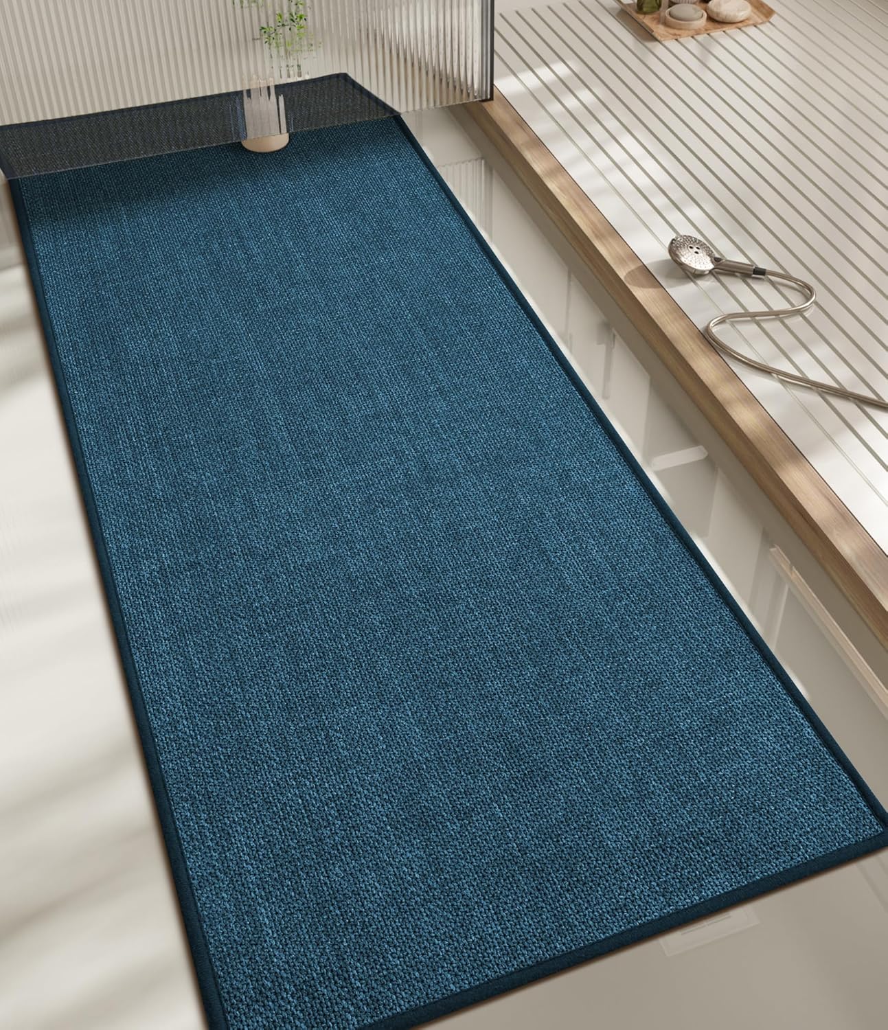chakme Bathroom Rugs Mat 59x17, Ultra Thin Bath Rug Non Slip Runner Quick Dry Absorbent Bath Mat for Bathroom, (Dark Blue, 59"x17")