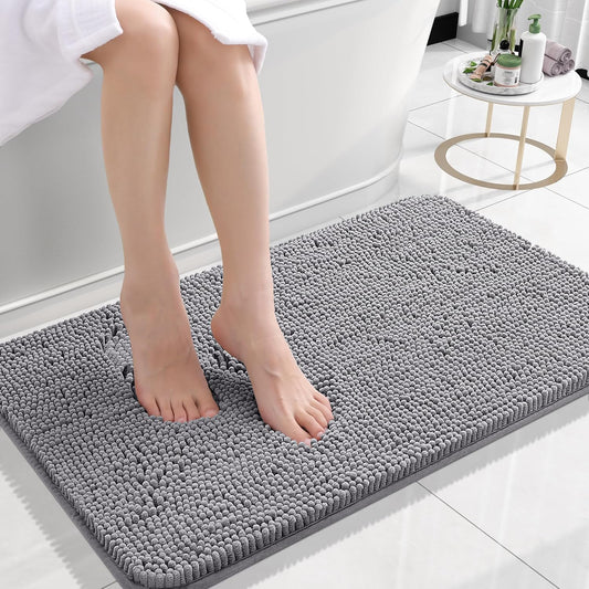 OLANLY Bathroom Rugs 24x16, Extra Soft Absorbent Chenille Bath Rugs, Rubber Backing Quick Dry, Machine Washable Bath Mats for Bathroom Floor, Tub and Shower, Home Decor Accessories, Grey