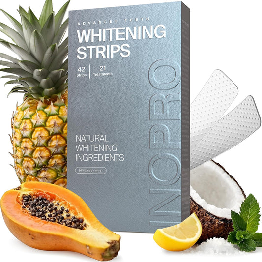 Natural Teeth Whitening Strips Kit 21 Treatments - Sensitive Teeth Whitener, Peroxide Free with Papain, Bromelain, Coconut Oil, White Strips for Teeth Whitening (42 Strips)