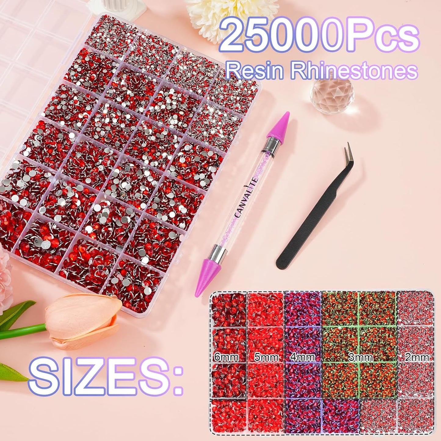 Canvalite 25000PCS Resin Jelly Rhinestones for Crafting,Red Flatback Gems, Bedazzling Crystal with 5Pcs 2.5g B7000 Jewelry Glue and Tweezers and Dotting Pen for DIY Crafts Clothing Shoes Nail Art