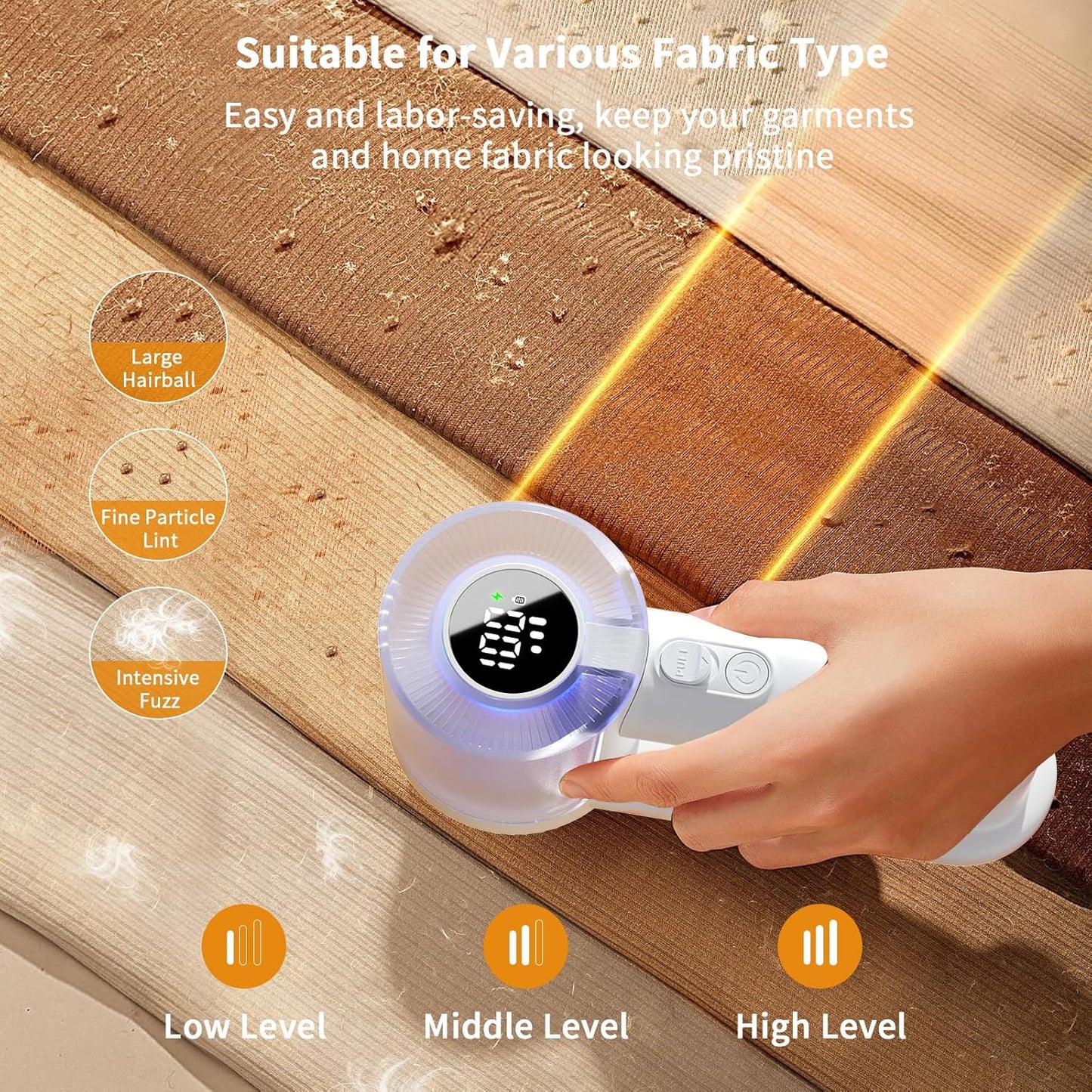 coldSky Electric Fabric Shaver & Lint Remover, Rechargeable Portable 3-Speed LED Digital Display Sweater Defuzzer for Clothes, Sofa, Bedding - Removes Lint, Hairball, Fuzz - White