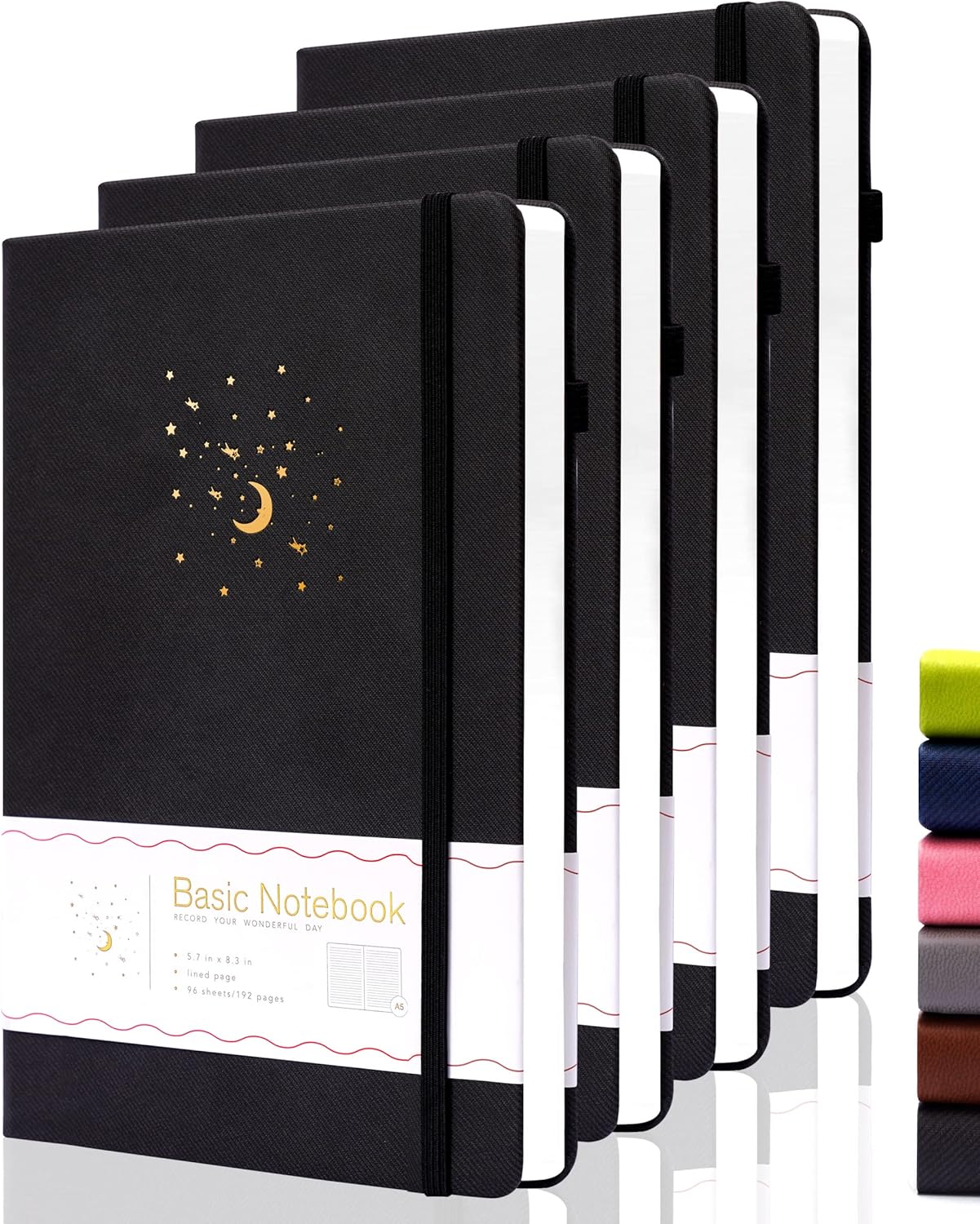 4 Pack Lined Journal Notebooks for Work, Hardcover Notebook Journal with Pen Loop, A5 Leather Notebook Journal Cover, Medium 5.7" x 8.3", (Black Ruled)