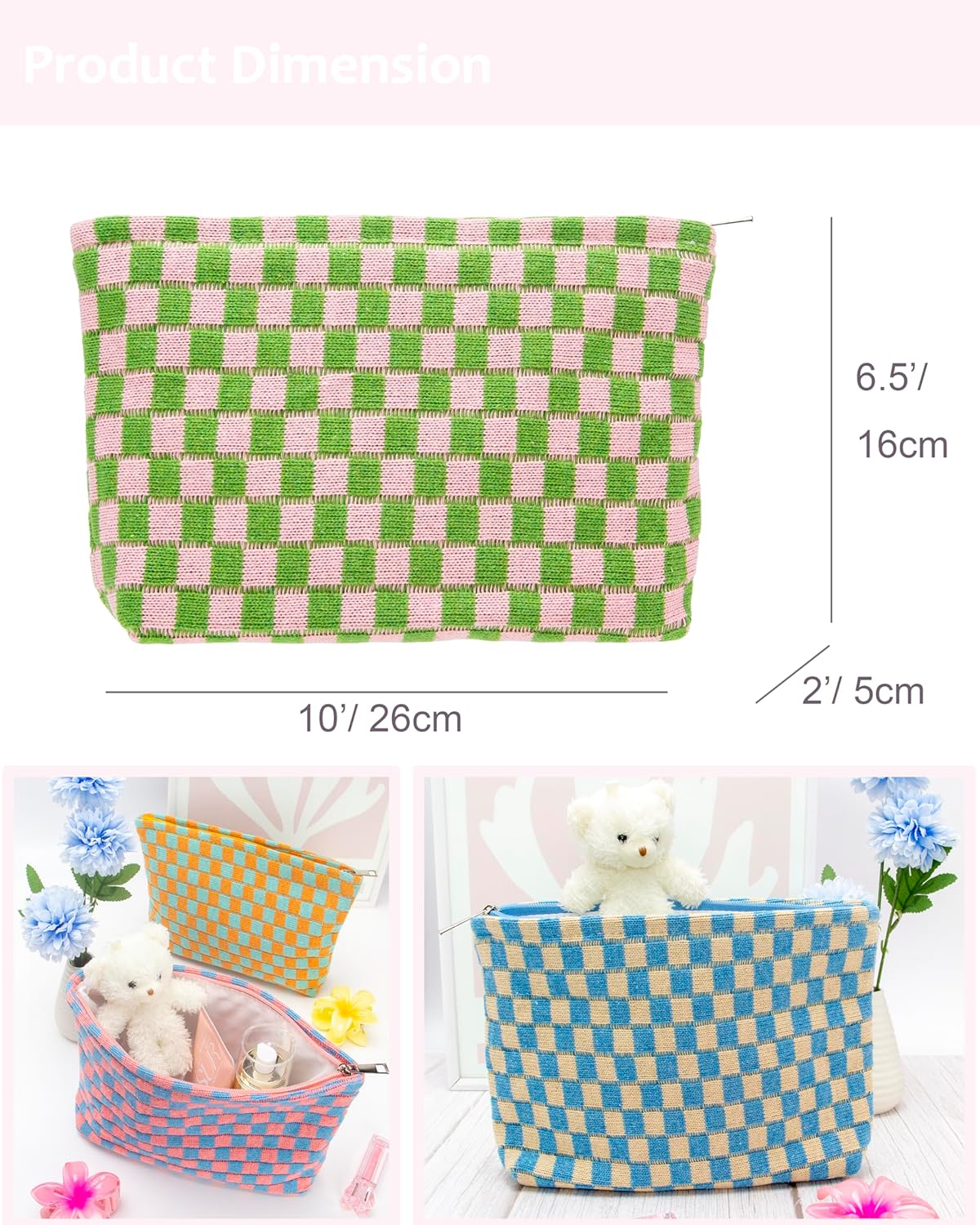 PAZIMIIK Knitted Checkered Makeup Bag Large Zipper Make Up Accessory Pouch for Purse Cosmetic Brush Bag for Travel Essential Pink Green