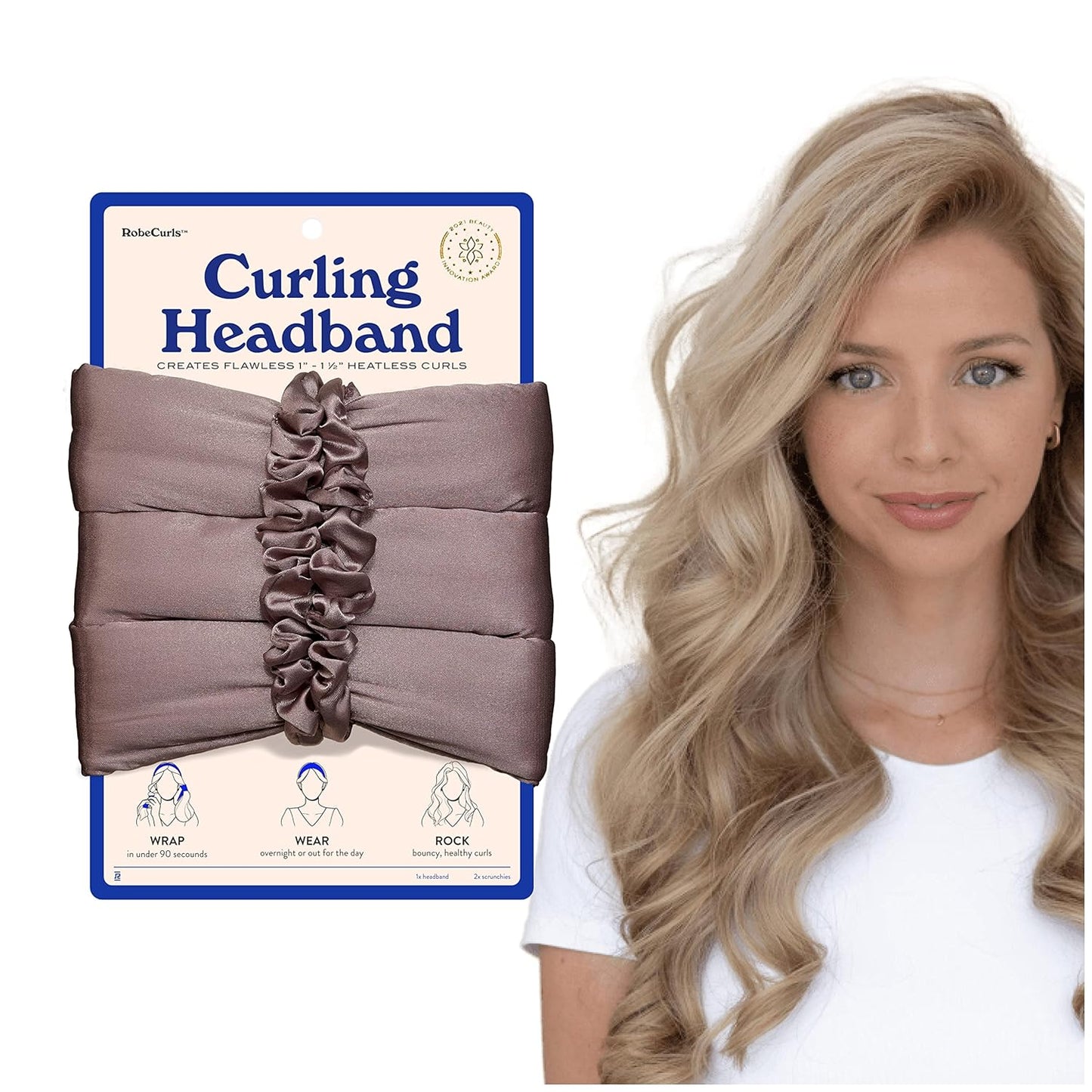 RobeCurls Heatless Hair Curler Set - Satin Curling Headband for Natural, No-Heat Curls - Sleep in Overnight Styling Tool with 2 Scrunchies - Easy & Gentle on Hair (Mauve)