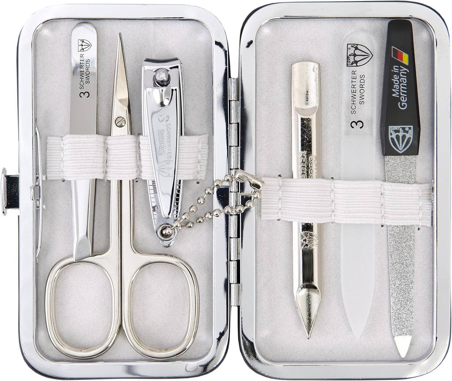 3 Swords Germany - Brand Quality 6 Piece Manicure Pedicure Grooming kit Set - Scissors, Metal and Glass Nail File, Clipper, Tweezers with Synthetic Leather case - White