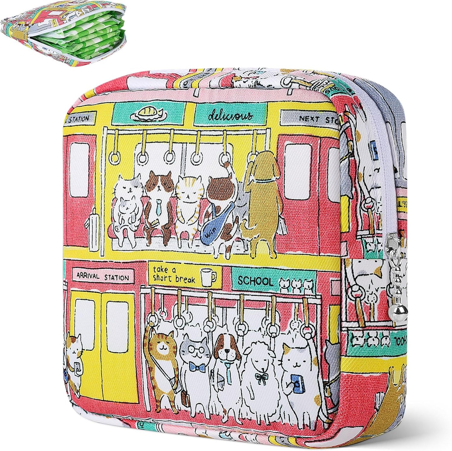 Desing Wish Period Bag Pouch Soft Cloth Sanitary Napkin Storage Bag Portable Menstrual Pad Pouches Tampon Holder for Purse First Period Kit for Girls 9-12 (Subway Cats)
