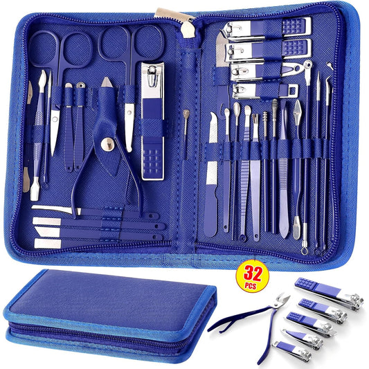 Manicure Set Pedicure Kit Womens Nail Clippers Set 32 in 1 Professional Grooming Care Tools Nail Kit Including Facial, Fingernails and Toenails Care with Travel Case Women