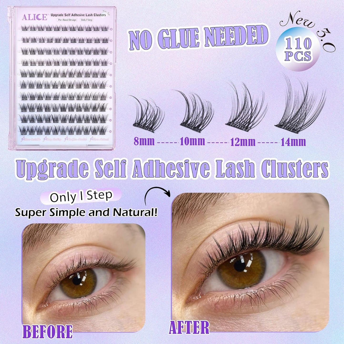 ALICE Self Adhesive Lashes Natural Look Clusters No Glue Needed Wispy Reusable Press on Lashes Pre-Glue 8-14mm 120pcs C Curl With Lash Tweezers