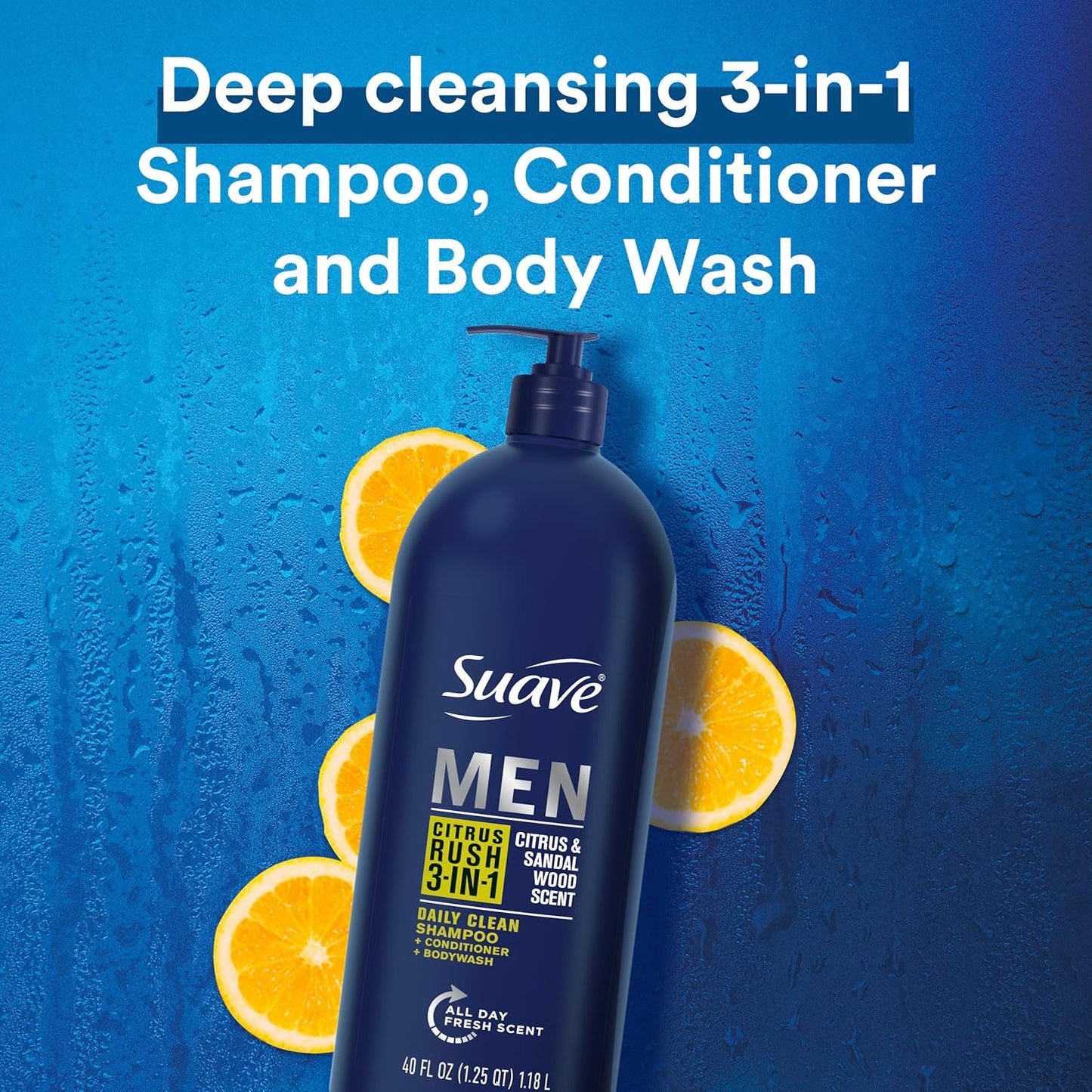 Suave Shampoo Conditioner Bodywash Men 3 in 1 Citrus & Sandal Wood to Cleanse and Nourish Hair and Skin, 40 oz Pack of 3