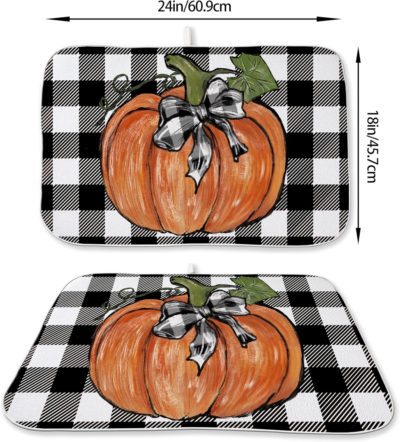 Fall Dish Drying Mat for Kitchen Counter, 18x24 Inch Buffalo Plaid Orange Pumpkin Absorbent Dish Drying Pad Heat Resistant Mat Coffee Bar Mat Dish Drainer Rack Mat