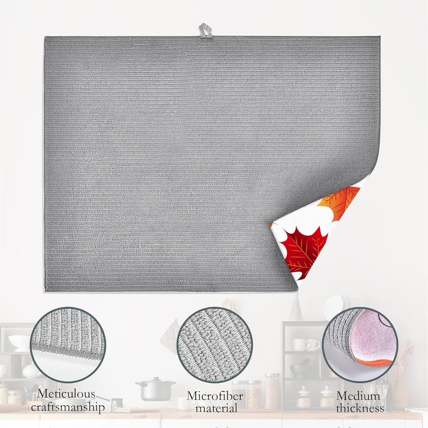 Autumn Maple Leaves Dish Drying Rack Mat for Kitchen Counter, Dish Drying Pad Absorbent Reversible Microfiber Protector for Coffee Bar Sink Countertops 18x24 Inch