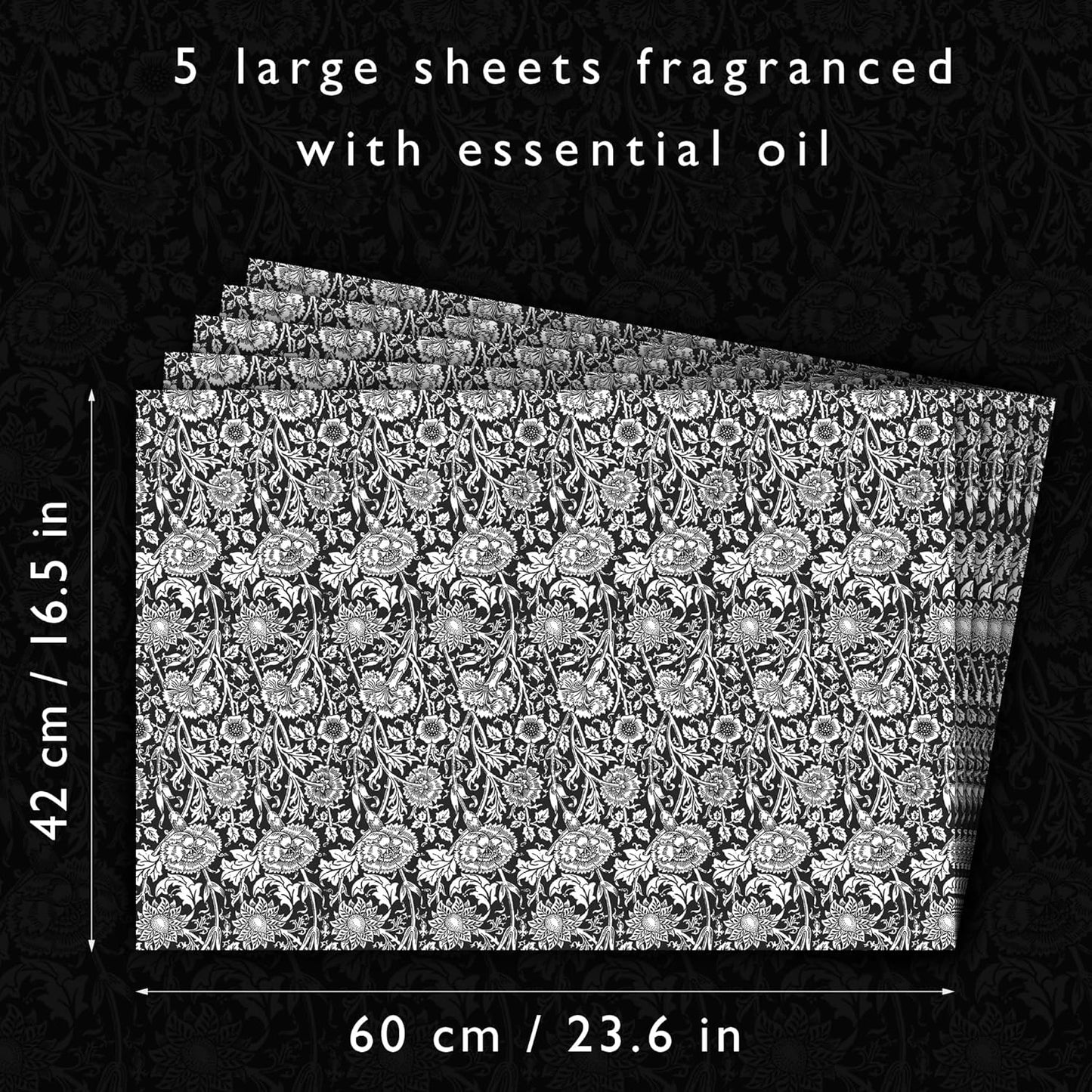 Sandalwood Scented Drawer Liners in a Black William Morris Design. Pack of 5 Folded Sheets | Contains Sandalwood Essential Oil | Made in The UK.
