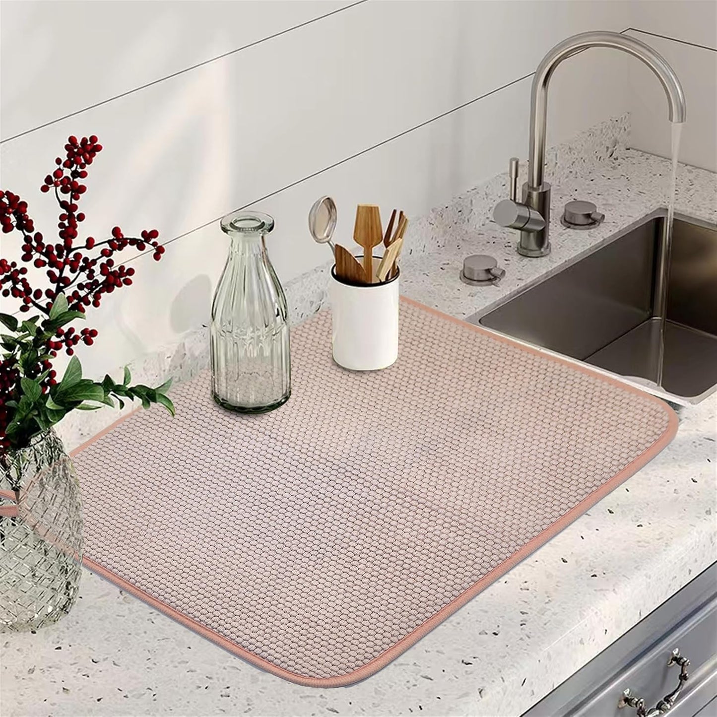 Pink Dish Drying Mats for Kitchen Counter, 2 Pack Dish Drying Mat Drying Pad, Dish Rack Drainer Mat, Pink Kitchen Accessories(Pink-1)