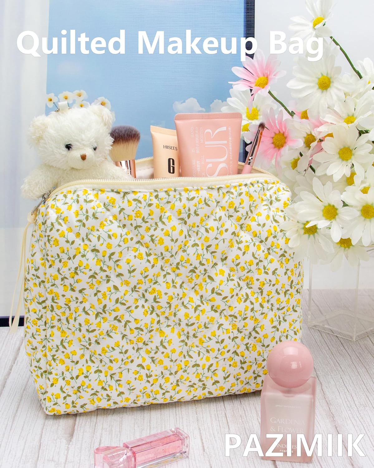 PAZIMIIK Quilted Makeup Bag Large Travel Zipper Soft Cosmetic Pouch for Women Girls Make Up,Floral Yellow