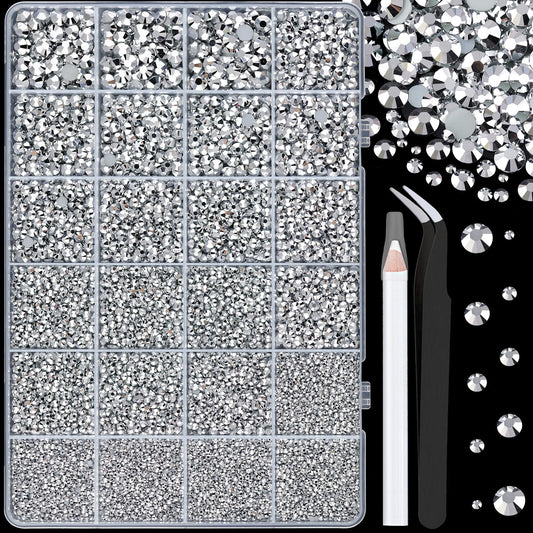 25000Pcs Resin Rhinestones with Tweezers for Crafting, Silver 2-6mm Mixed Sizes Non Hotfix Flatback Gems, Bedazzling Crystal for DIY Craft Clothing Mugs Tumblers Shoes Fabric Decor Nail Art