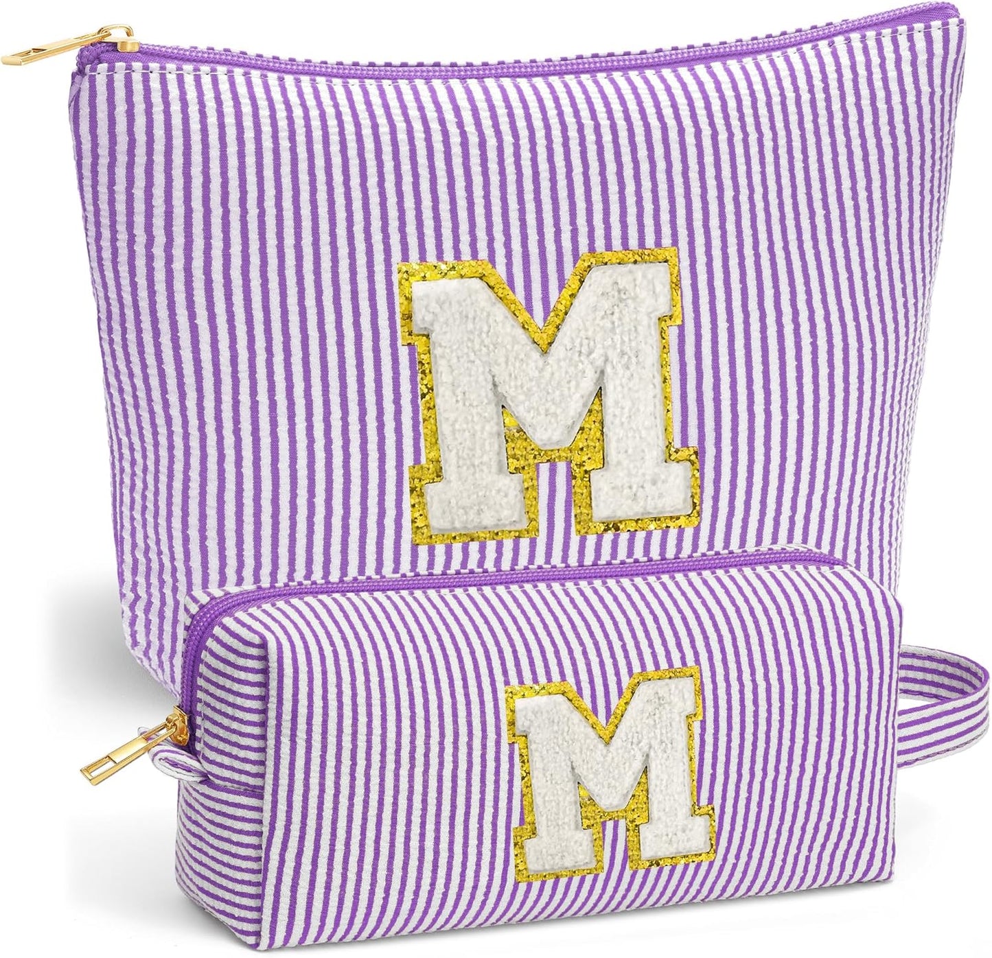 Initial Cosmetic Bag Set - Travel Bag Makeup Pouch, Makeup Bag with Zipper Make up Kit Preppy Stuff Stocking Stuffers Birthday Gifts for Women Travel Essentials Travel Bag, Purple Letter M