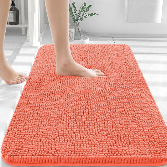 OLANLY Bathroom Rugs 30x20, Extra Soft Absorbent Chenille Bath Rugs, Rubber Backing Quick Dry, Machine Washable Bath Mats for Bathroom Floor, Tub and Shower, Home Decor Accessories, Coral