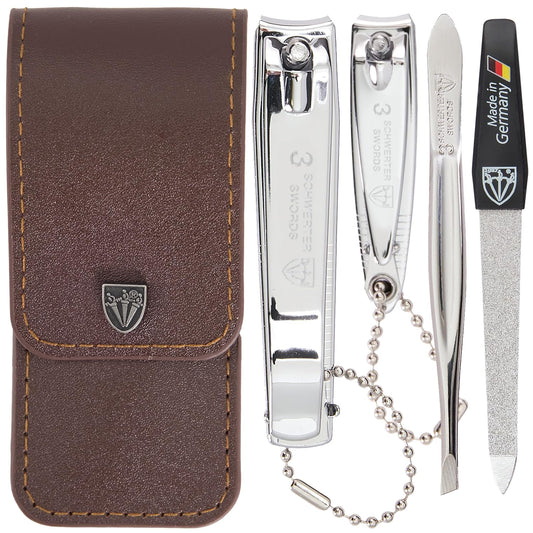 3 Swords Germany - Brand Quality 4 Piece Manicure Pedicure Grooming kit Set for Professional Finger & Toe Nail Care Tweezers File Clipper Brown Synthetic Leather case - Made by 3 Swords