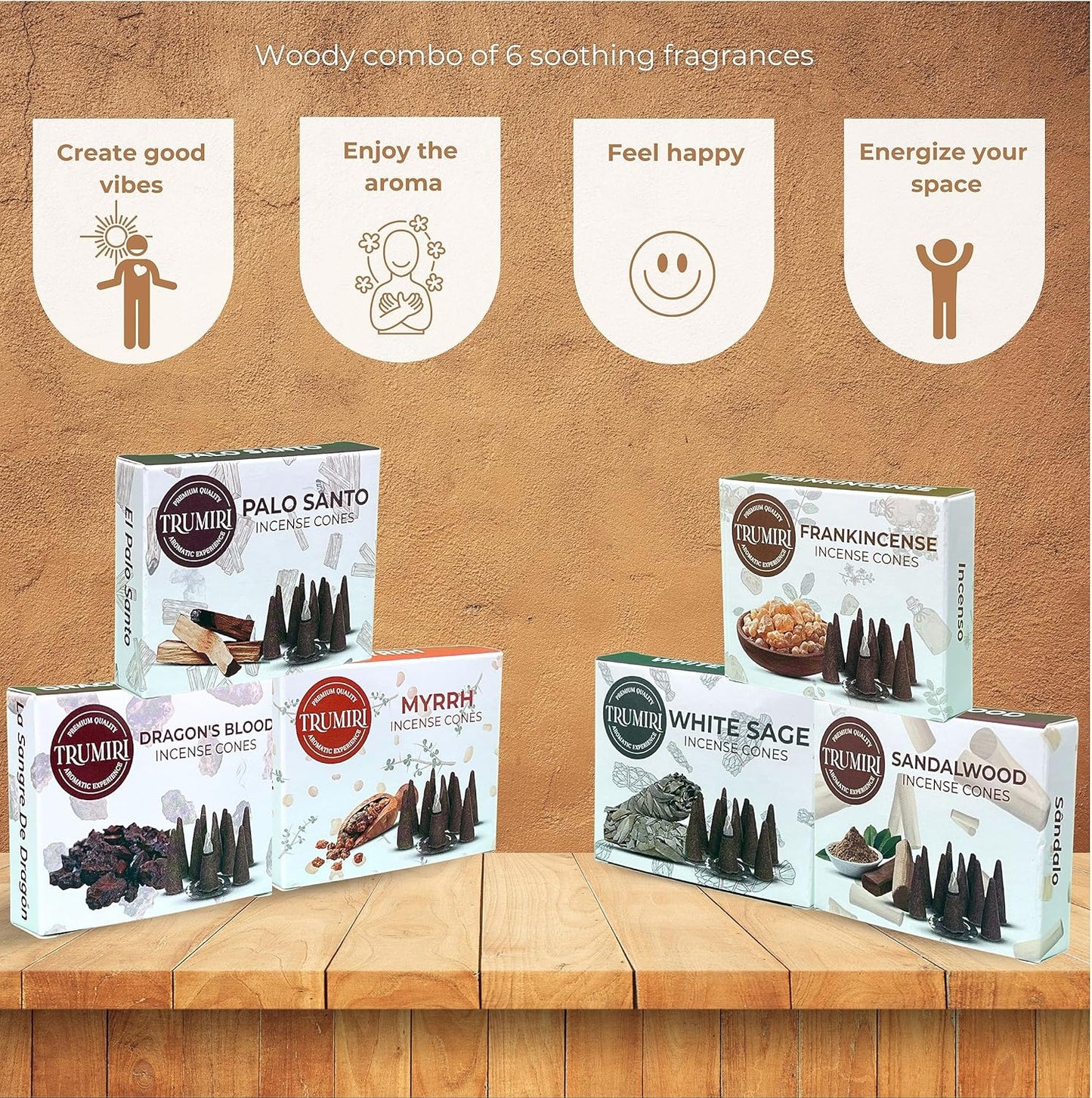Trumiri Woody Incense Cones - Variety Pack - Total 60 Cone Incense (6 Scents x 10 Conos) - White Sage, Palo Santo, Dragons Blood, Sandalwood - Inscents-Cones Scented - Insense Cones - Incent Cone