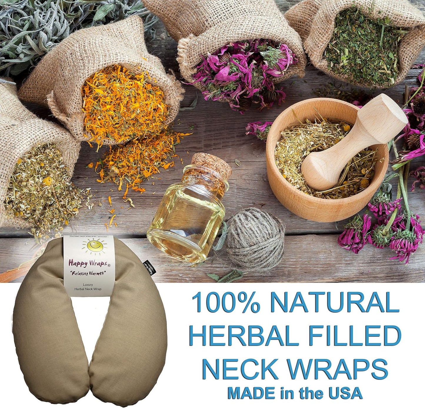Microwavable Herbal Neck Wrap - Hot Cold Aromatherapy Neck Warming Pillow - Heating Pad for Migraines, Stress, Gifts for Women, Birthdays, Christmas and Free Sleep Mask - Tan Cotton