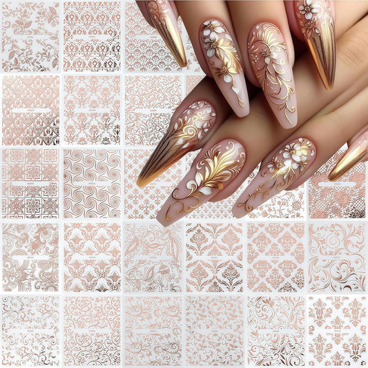 30 Sheets Lace Flower Nail Art Sticker 3D Self-Adhesive Hollow Rose Golden Lace Floral Vine Decals Irregular Geometric Manicure Sliders for Spring Summer Women Acrylic Nail Decorations